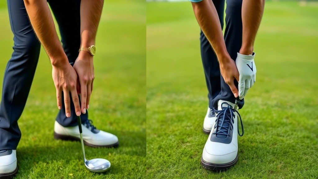 Professional golfer demonstrating proper grip and stance position on a lush green fairway, close-up of hands and lower body alignment showing correct posture technique