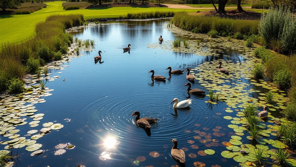 A scenic golf course water feature with natural wetland vegetation around the edges, native aquatic plants, amphibians and waterfowl in and around the water, clear water quality, sunlight reflecting off the water, natural habitat integration
