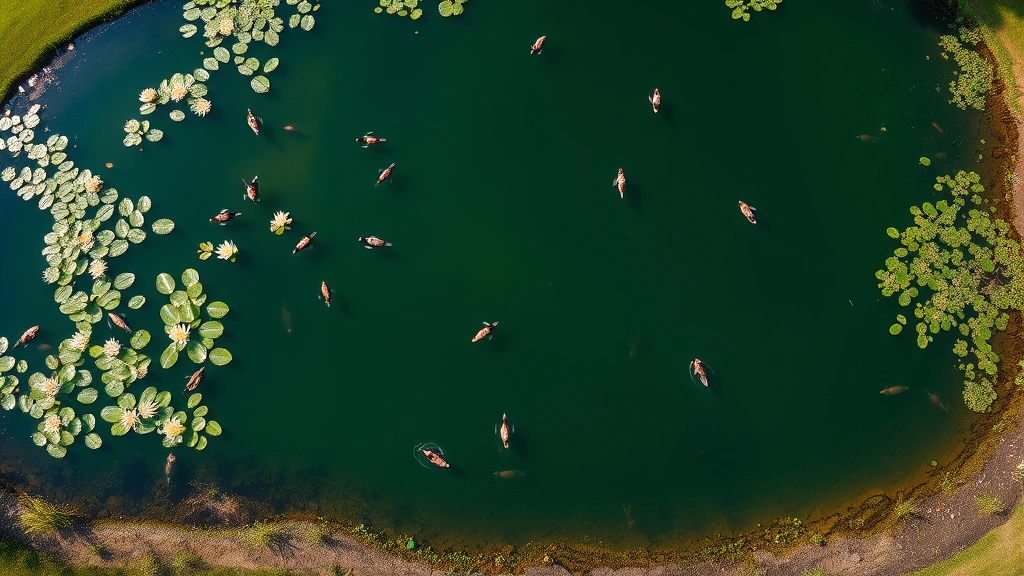 Aerial view of golf course pond with water lilies and aquatic vegetation, ducks swimming, fish visible in clear water, natural shoreline with native plants