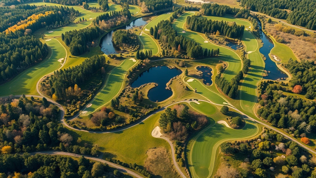 An aerial view of a golf course landscape showing diverse habitat zones including wooded areas, native plant communities, water features, and wildlife corridors creating a mosaic of different ecosystems, photorealistic landscape photography