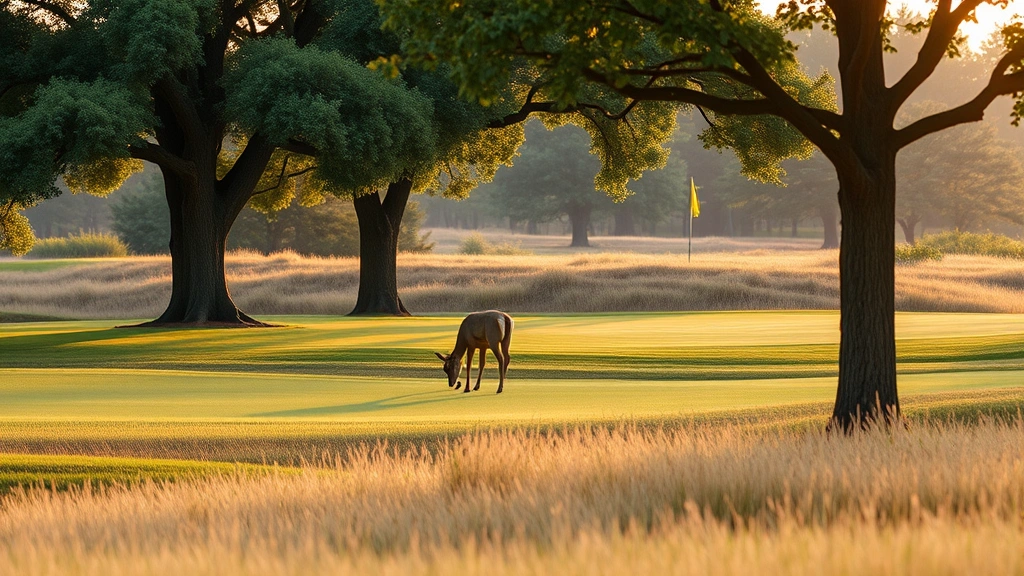 Wildlife on golf course: deer grazing on fairway at dawn, mature trees providing shelter, native grasses in foreground, ecological habitat features visible throughout landscape