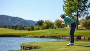 Professional golfer executing a precision iron shot over water hazard on manicured fairway with natural landscape backdrop, clear sunny conditions, focused athletic form
