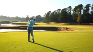 Professional golfer mid-swing on manicured fairway with water hazard and trees in background, morning sunlight, championship course setting