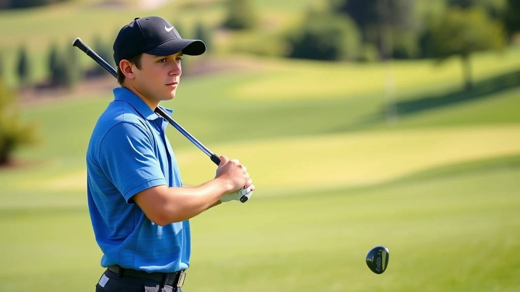 Beginner golfer in proper stance position on fairway with driver, focused expression, natural lighting, manicured golf course background with distant green