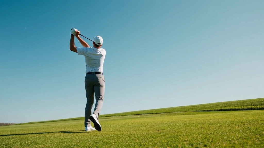 Golfer mid-swing on lush fairway with manicured rough, professional form captured mid-downswing, clear day with blue sky, natural lighting highlighting form and terrain detail