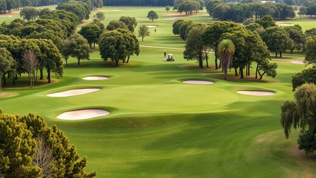 Elevated view of championship golf course with rolling terrain, strategic bunker placements, mature trees framing fairway, players in distance, vibrant green turf