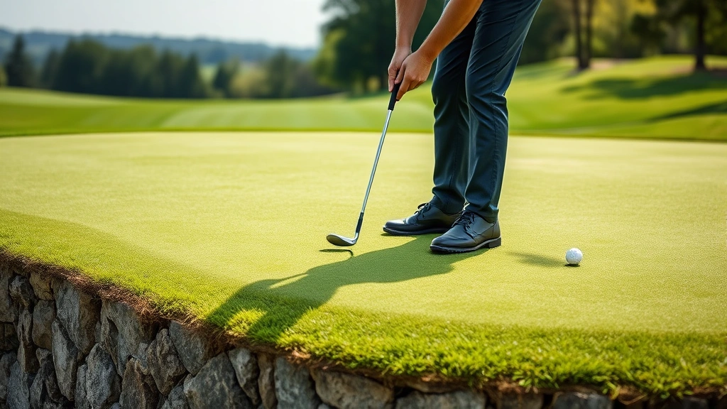 Golfer reading green with putter on elevated championship putting surface, natural slope visible, manicured surroundings, concentration and professional play demonstrated