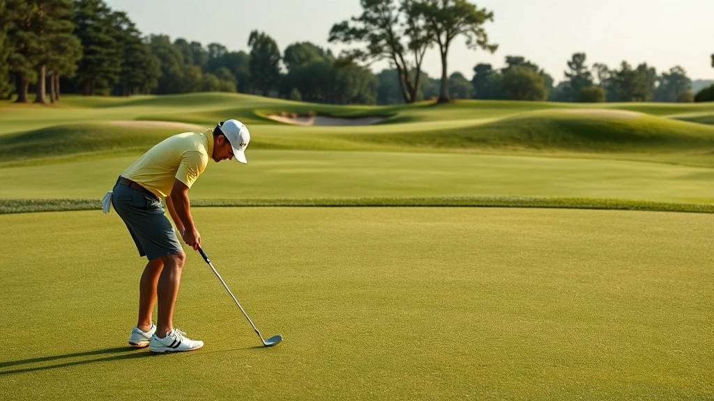 Golfer reading green with putter before shot, bent forward analyzing slope, peaceful course setting with well-maintained putting surface and flagstick visible