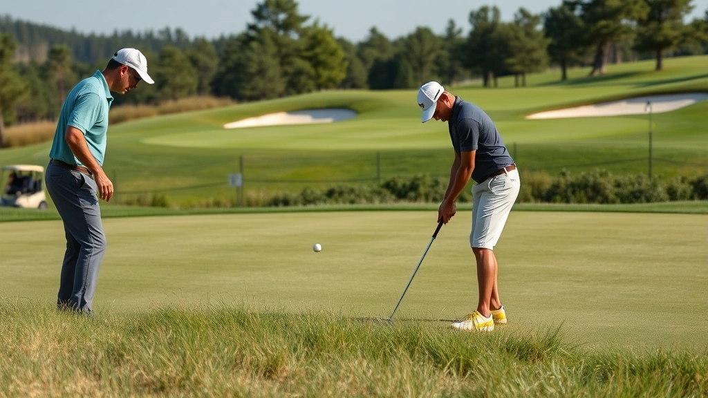 Golfer practicing short game near green, chipping from rough grass with focused posture, demonstrating technique near elevated green with bunker, professional instruction setting