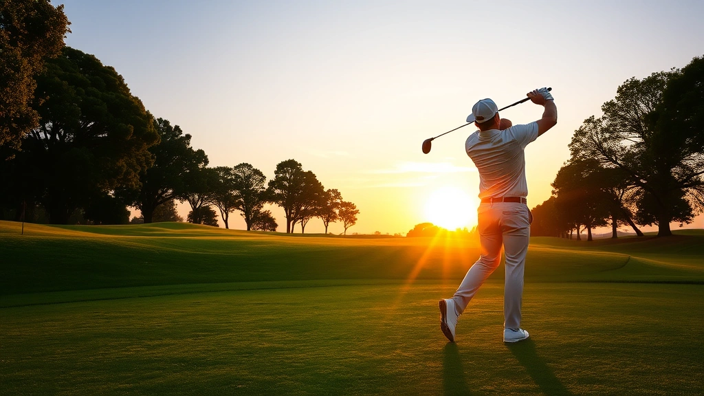 Professional golfer in mid-swing at sunset on a lush green fairway with manicured grass and trees in background, demonstrating proper swing mechanics and form