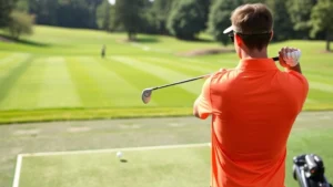 Beginner golfer in bright colored shirt practicing swing on driving range with golf balls and distance markers visible, natural outdoor lighting, peaceful course setting