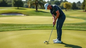 Professional golfer demonstrating proper chip shot technique on manicured practice green with multiple approach distances, natural lighting, realistic golf course setting