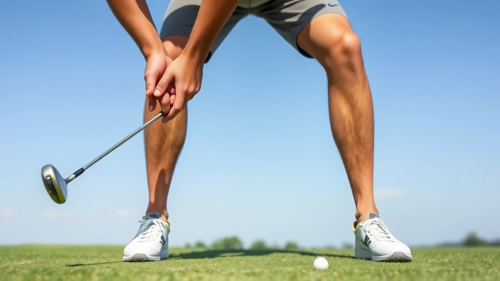 Professional golfer demonstrating proper grip and stance on fairway, showing hand position and body alignment in clear daylight