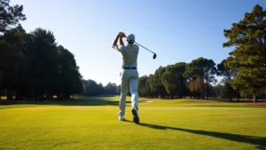 Professional golfer mid-swing on manicured fairway with trees lining the course, clear blue sky, morning light illuminating the green grass