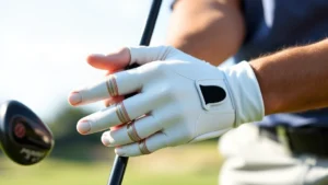 Close-up of golfer's hands demonstrating proper neutral grip on golf club, relaxed pressure, fingers on club shaft, professional golfer at address position outdoors