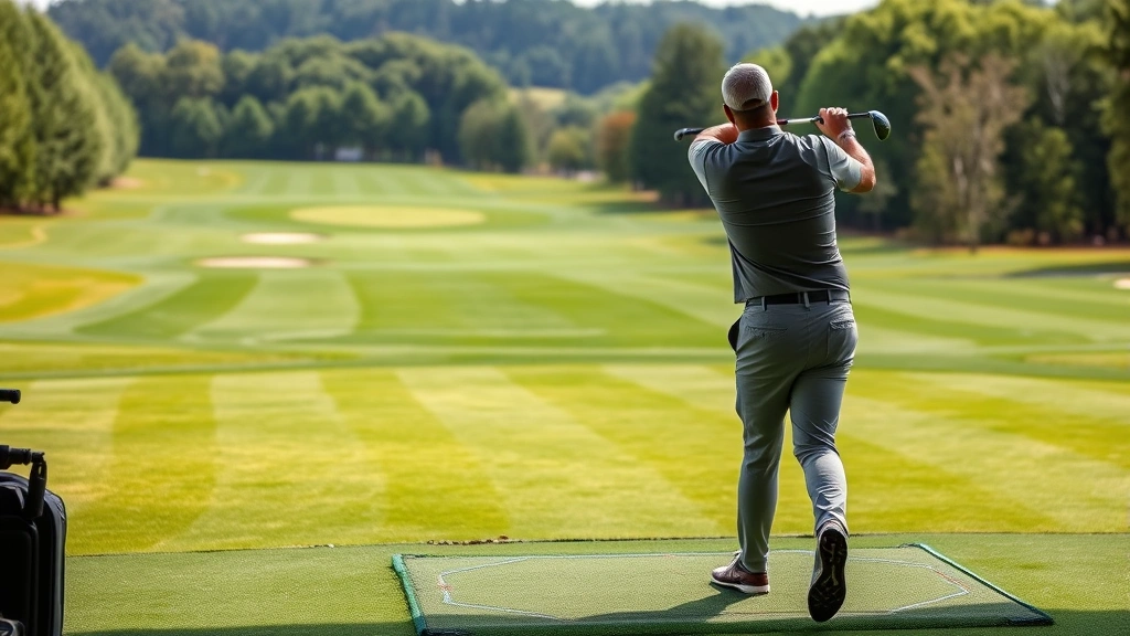 Golfer practicing swing on driving range with manicured fairways and target greens in background, professional golf instruction setting