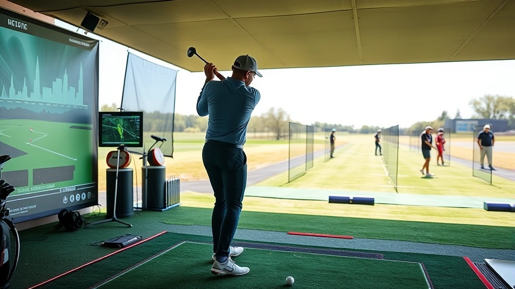 Golfer at practice range hitting balls with launch monitor technology visible, showing training facility with distance markers and multiple golfers practicing in background