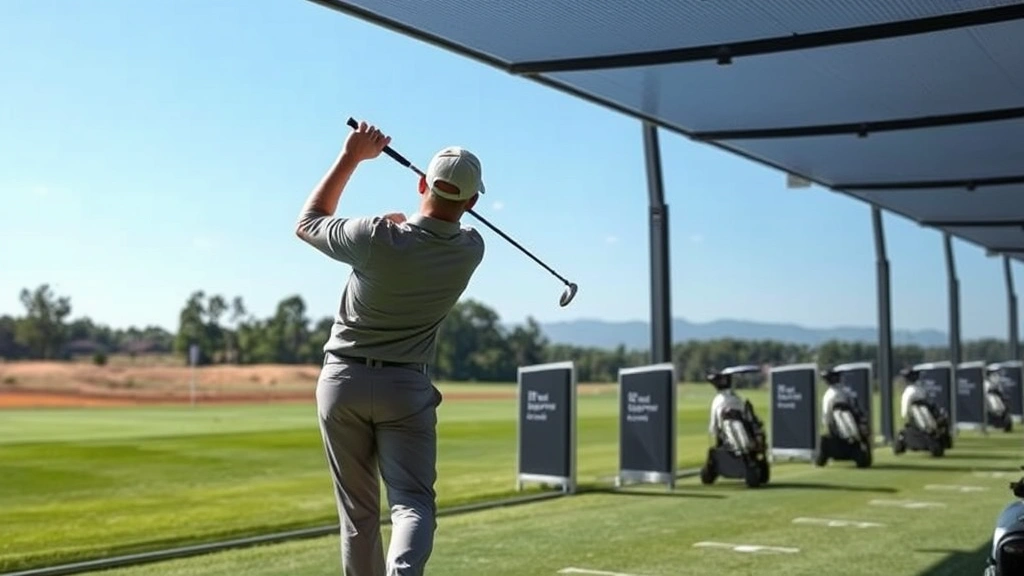 Golfer practicing at driving range with distance markers visible, focusing on swing mechanics and form, clear weather conditions, professional practice facility environment