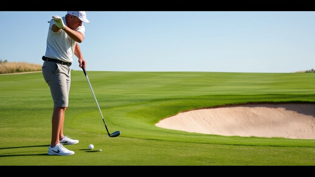 Golfer chipping near green with sand bunker visible, demonstrating short game technique on well-maintained practice area, natural lighting, outdoor golf course environment