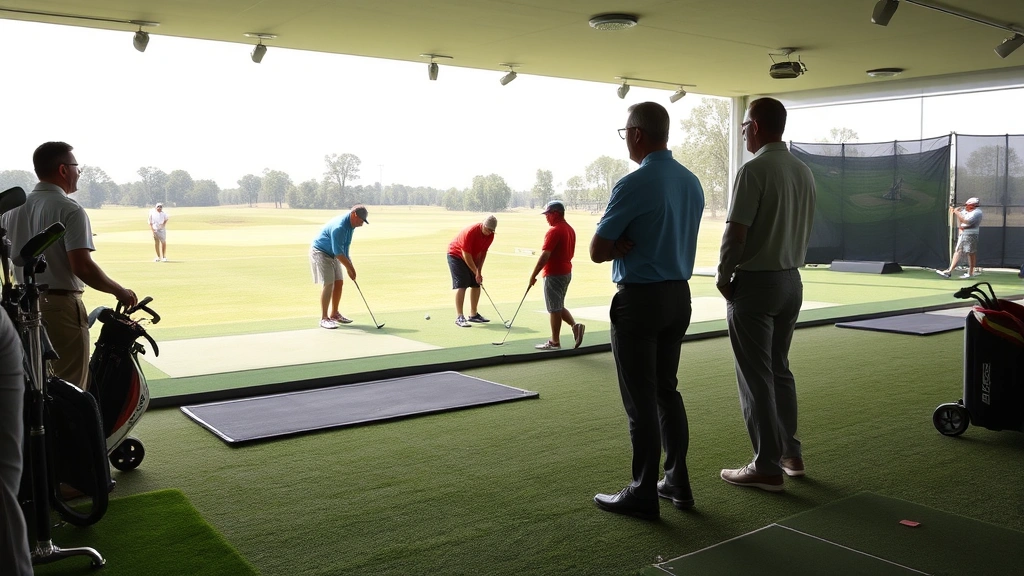 Golf course practice facility with multiple golfers using driving range, chipping area, and putting green with course management instructor observing form