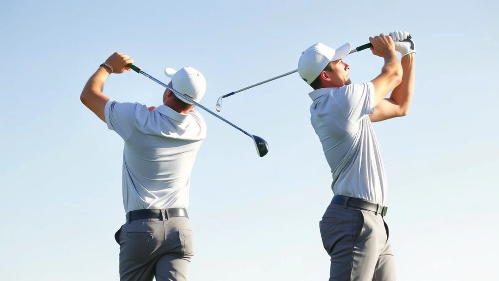 Professional golfer mid-swing at top of backswing showing proper shoulder rotation, wrist hinge, and upper body separation, full body visible against clear sky background