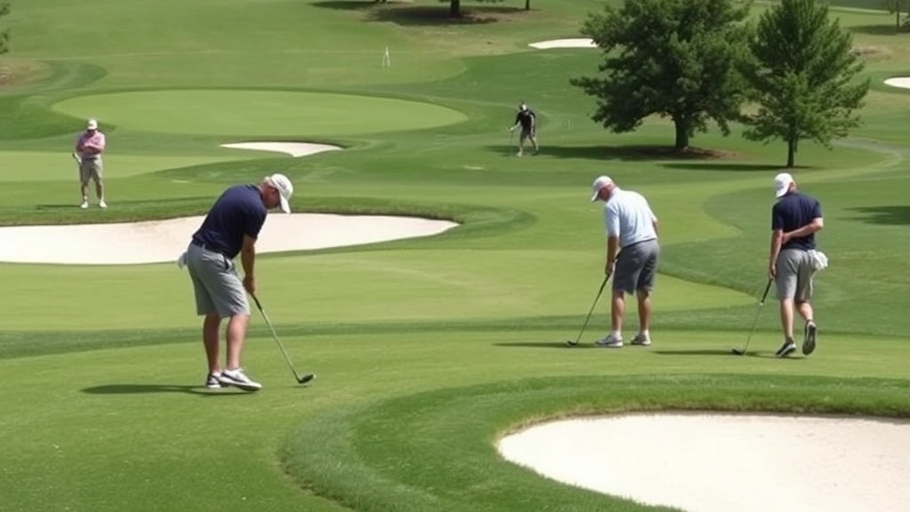Multiple golfers chipping and pitching near practice greens with bunkers, focused short-game practice area with quality turf