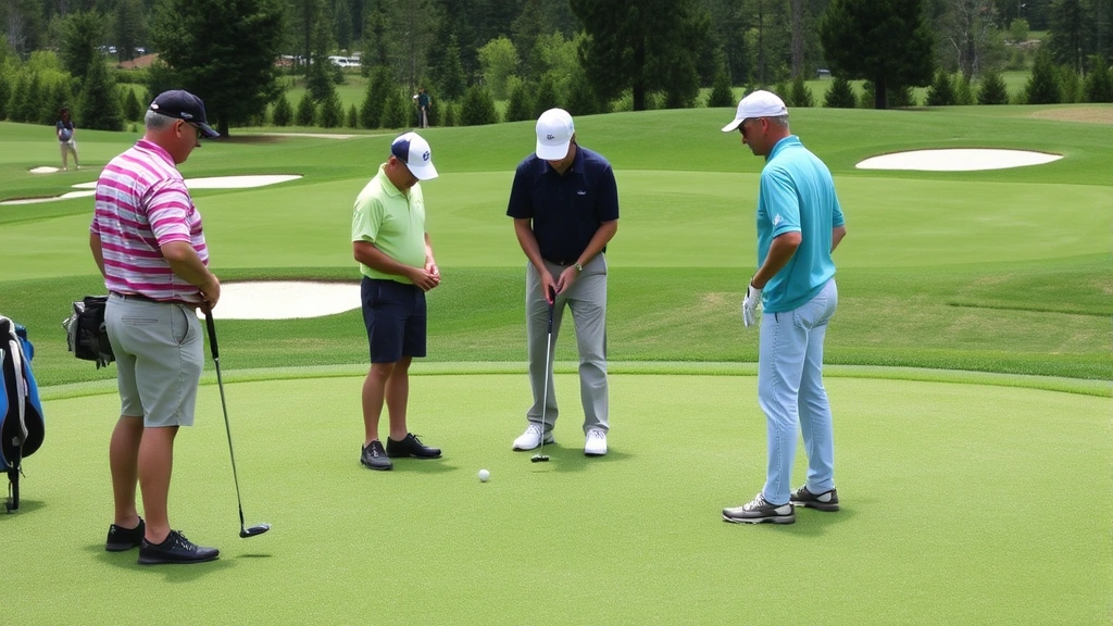 Small group of golfers receiving instruction from PGA professional on putting green with practice bunkers visible, showing mentorship and skill development in action