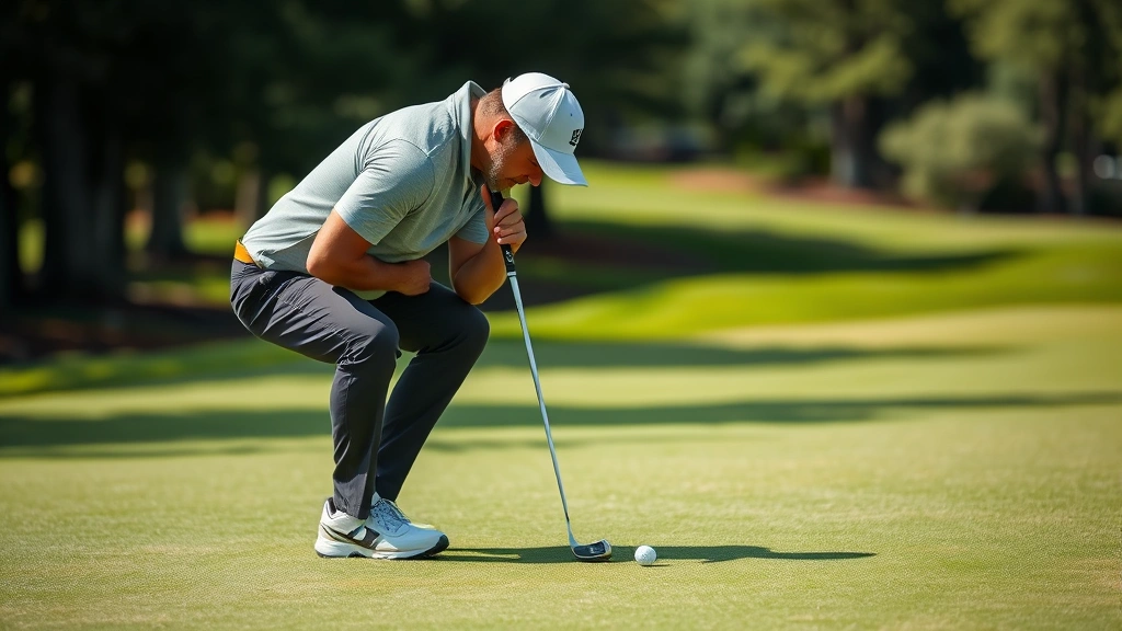 Golfer reading green with intense focus, studying slope and grain while preparing putt with confident body language