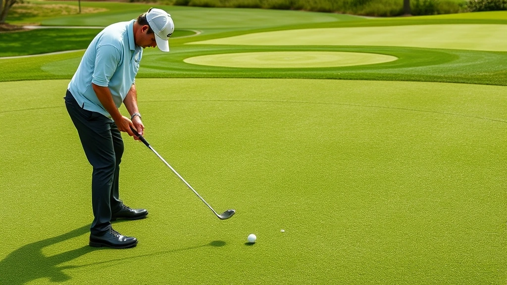 Golfer putting on extensive practice green with multiple break patterns, concentration on precise putting stroke