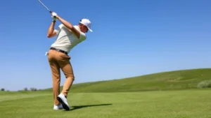 Professional golfer in perfect follow-through position on lush green fairway with clear blue sky, demonstrating complete swing sequence and body rotation