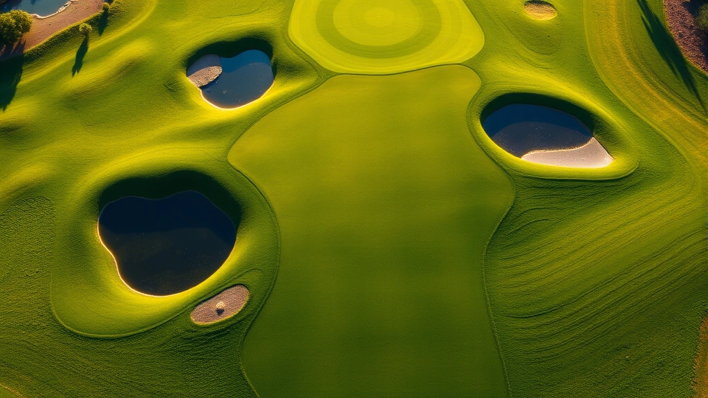 Scenic aerial view of a lush golf course fairway with manicured greens, water hazards reflecting sunlight, and natural landscape features creating a championship-quality playing surface