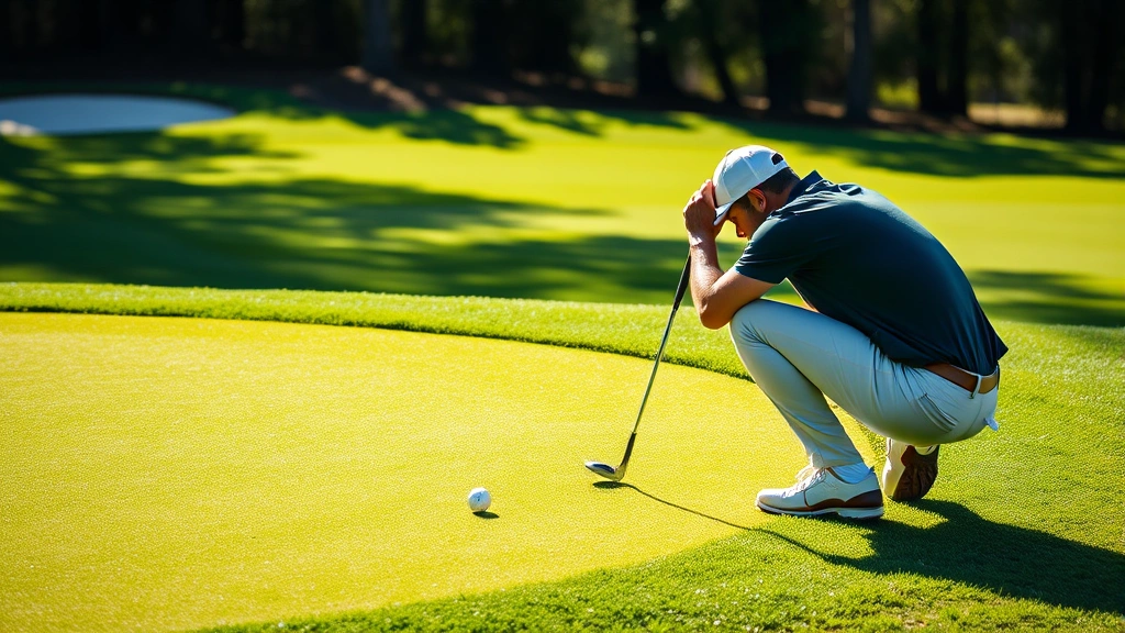 Golfer crouching beside putting green analyzing break and slope, concentrating on reading the green with natural sunlight illuminating the grass texture