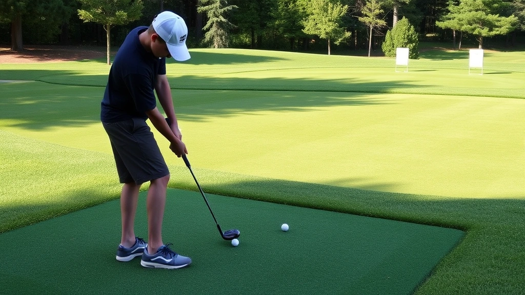 Young golfer practicing chip shots near practice green with multiple balls and targets visible, showing deliberate practice methodology in action