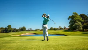Professional golfer mid-swing on manicured fairway with water hazard visible, clear blue sky, green trees in background, photorealistic championship course conditions