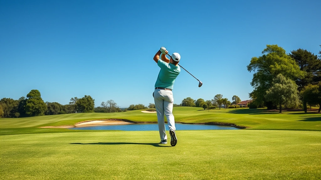 Professional golfer mid-swing on manicured fairway with water hazard visible, clear blue sky, green trees in background, photorealistic championship course conditions