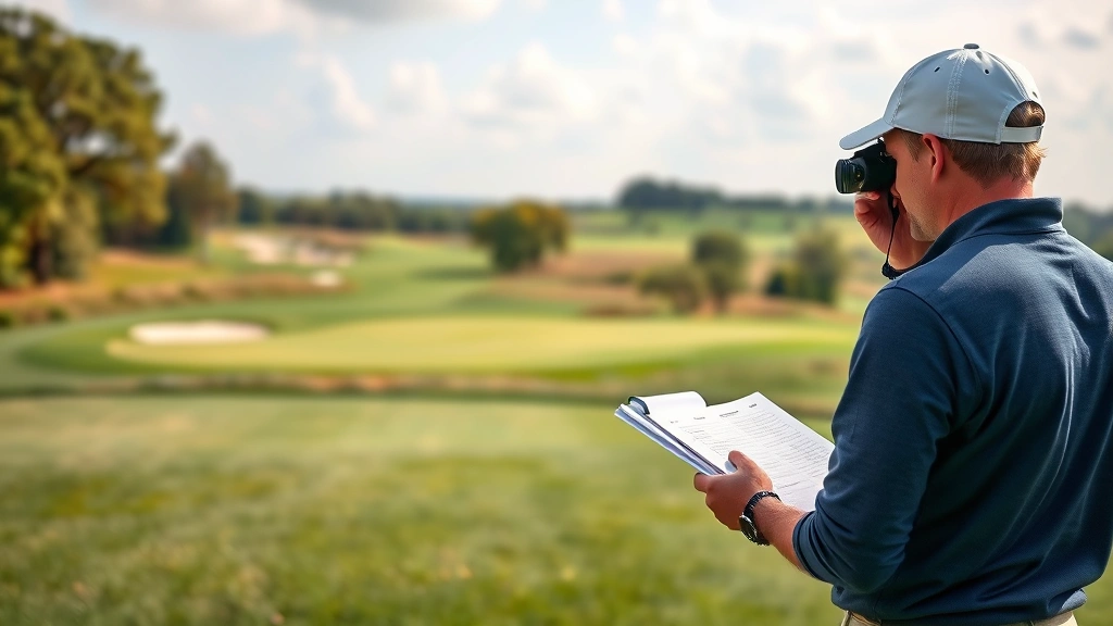 Golfer standing on fairway studying course layout with strategic notes, measuring distances with rangefinder, analyzing green contours and hazard positions for shot planning