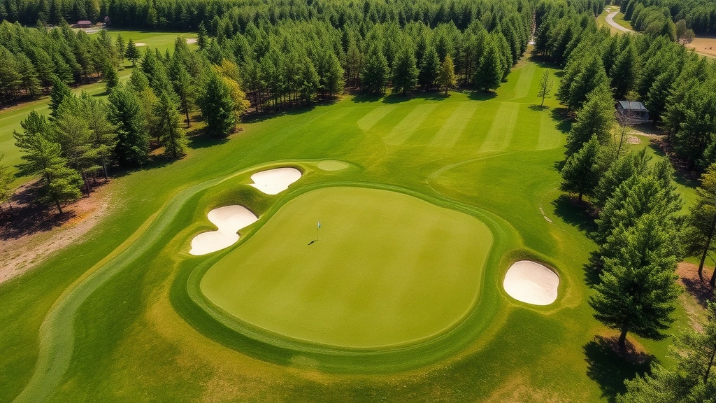 Aerial view of pristine golf course hole with bunkers, fairway, and green surrounded by natural Wisconsin landscape and trees, sunny conditions
