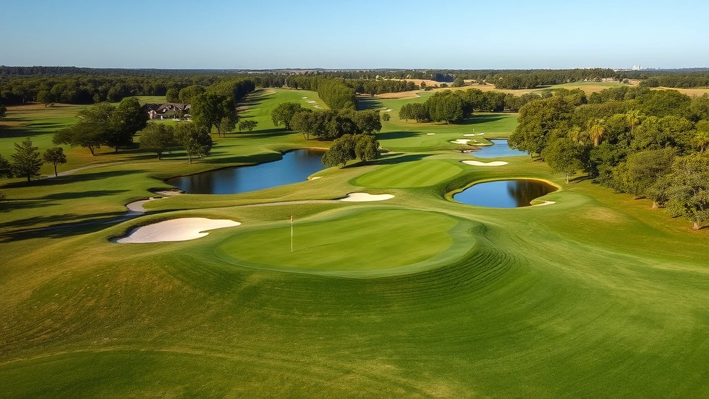 Championship golf course scenic view showcasing well-maintained fairway, strategically positioned bunkers, water features, and green complex with rolling terrain and trees
