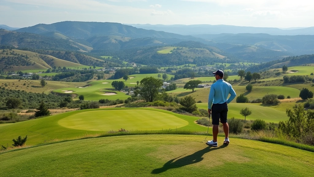 Golfer standing on elevated tee box overlooking scenic golf course valley with multiple holes visible, rolling terrain, professional course maintenance evident