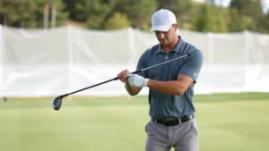 Professional golfer demonstrating proper grip and setup position on practice range, showing hand placement and athletic posture with focus on alignment and stance fundamentals