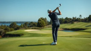 Professional golfer executing a precise iron shot on an elevated green, demonstrating proper form and concentration with water hazard visible in background, realistic photography