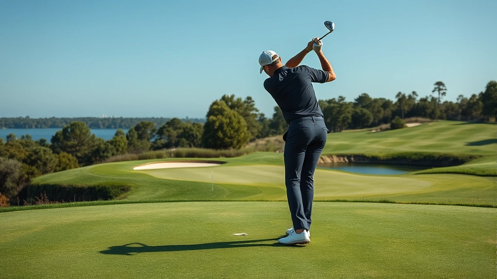 Professional golfer executing a precise iron shot on an elevated green, demonstrating proper form and concentration with water hazard visible in background, realistic photography