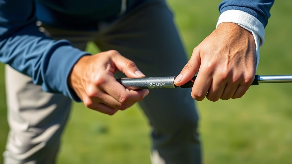 Golfer demonstrating proper grip technique on a golf club, hands positioned correctly, outdoor course setting with grass visible, professional golf environment, clear daylight