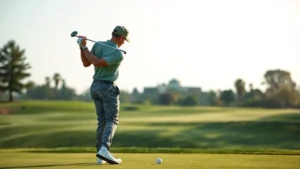 Military golfer in uniform teeing off on a championship golf course with manicured fairway and trees in background, professional photography, natural daylight