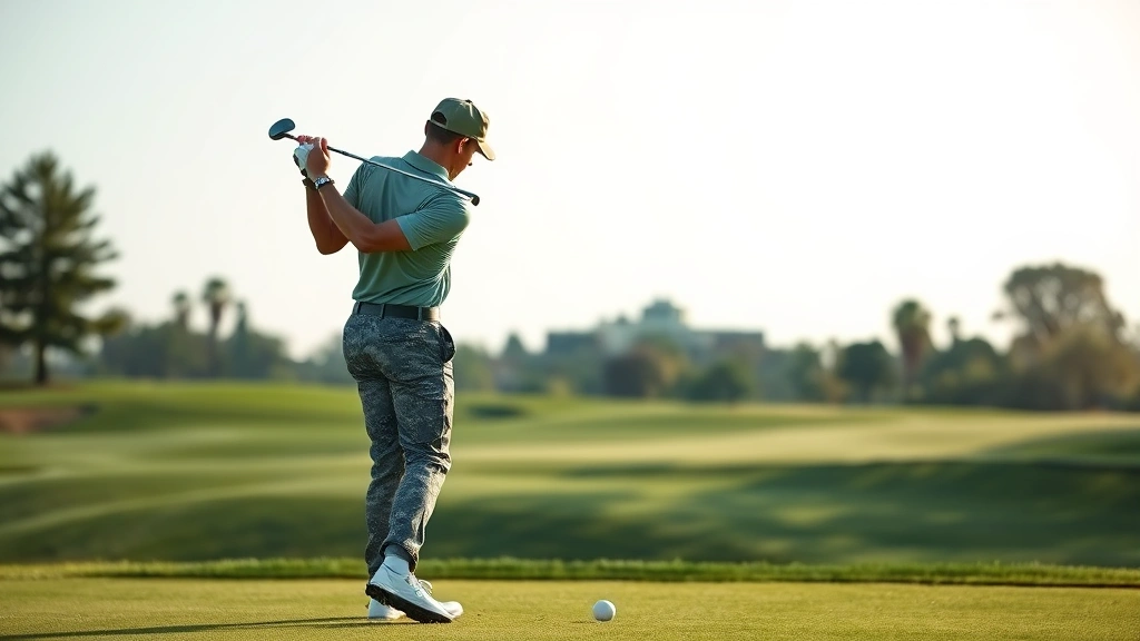 Military golfer in uniform teeing off on a championship golf course with manicured fairway and trees in background, professional photography, natural daylight