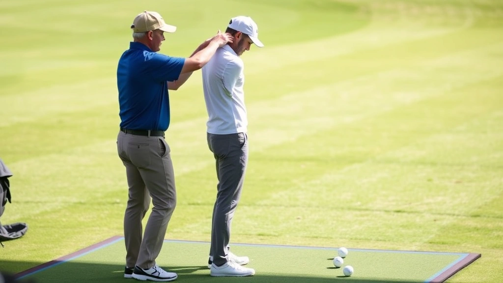Instructor adjusting student's posture and stance during golf lesson, both figures on practice range with golf balls visible, teaching moment with hands-on guidance, natural outdoor lighting
