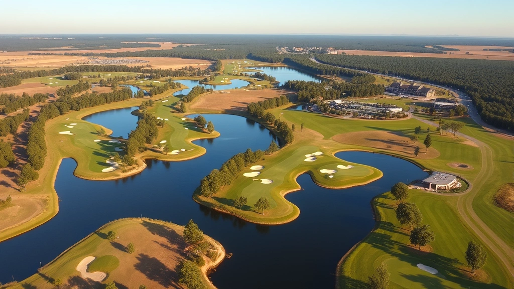 Aerial view of 18-hole military golf course with water hazards, bunkers, tree-lined fairways, and clubhouse visible, landscape photography, clear weather