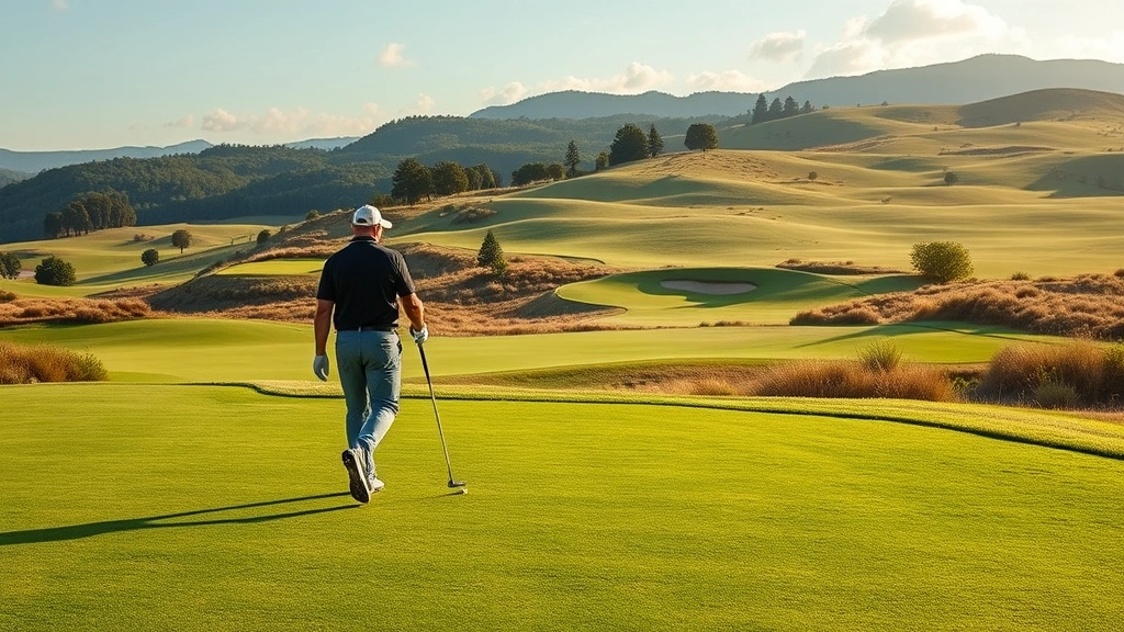 Golfer walking beautiful golf course fairway studying terrain and elevation changes, analyzing course layout and strategic positioning for upcoming approach shots