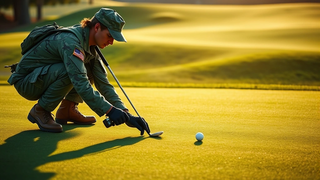 Military golfer reading green on championship putting surface with undulating terrain, focused concentration, professional course conditions, natural lighting