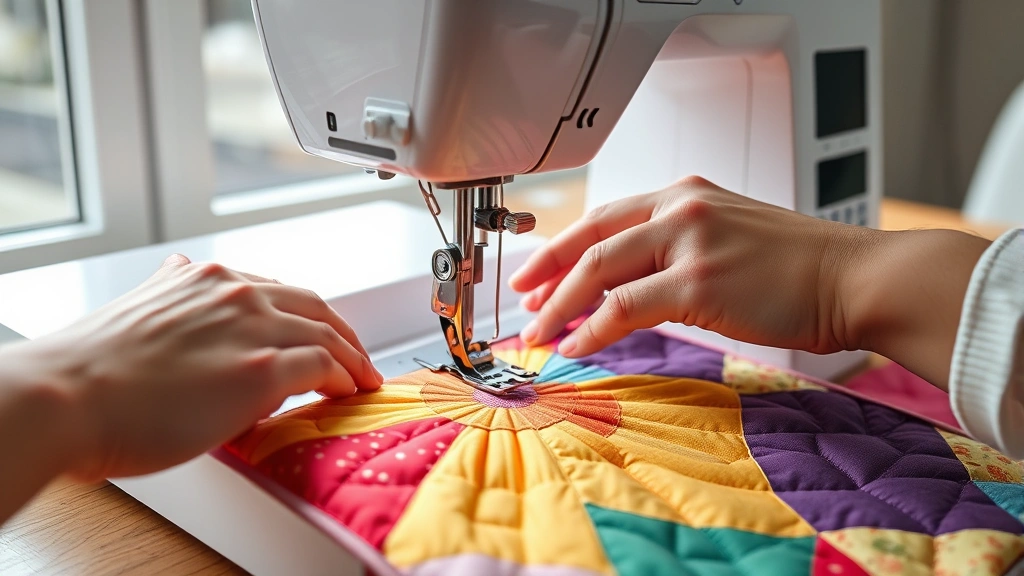 Close-up of hands guiding colorful fabric through a modern sewing machine, showing stitching in progress on a bright quilt piece, natural window lighting, wooden table surface